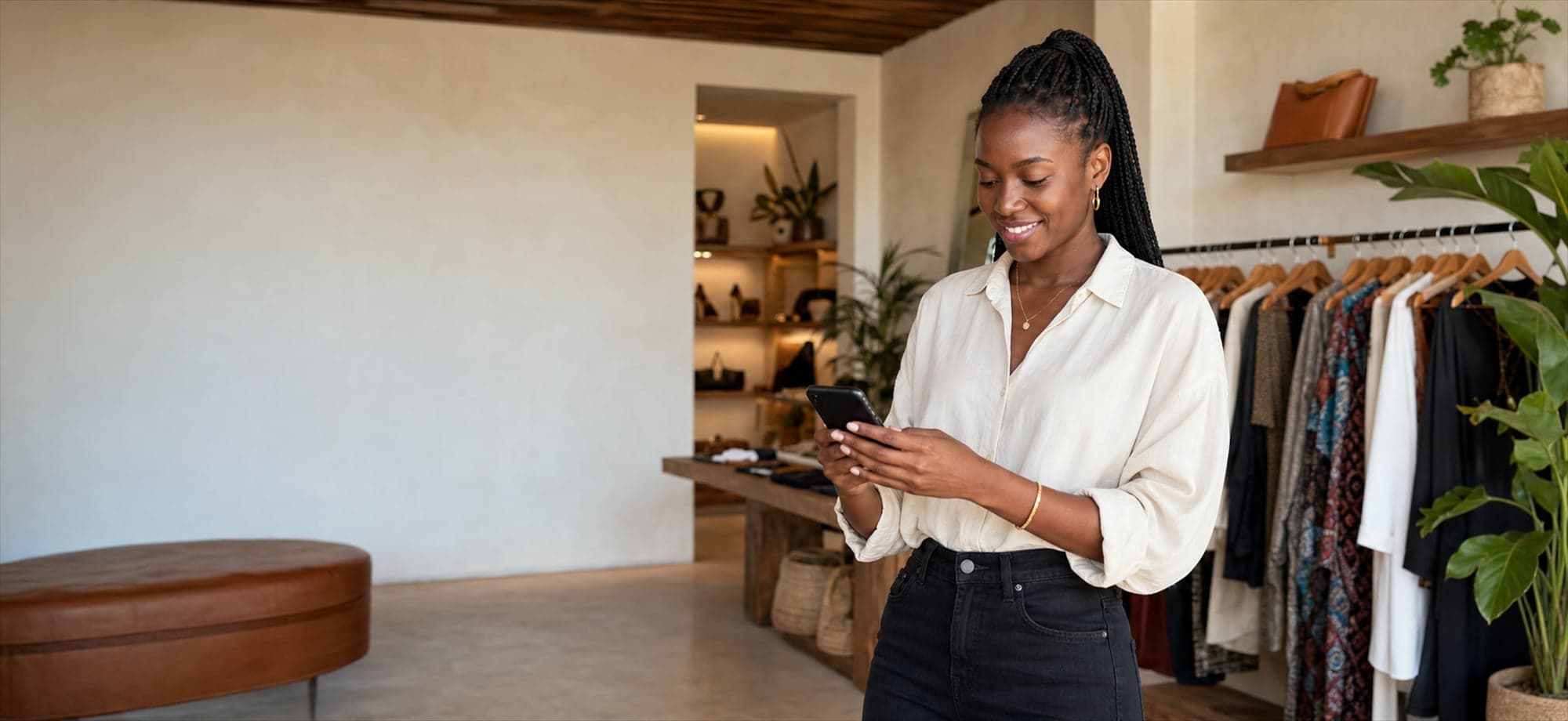 Vendeuse de mode utilisant son téléphone dans une boutique de vêtements.