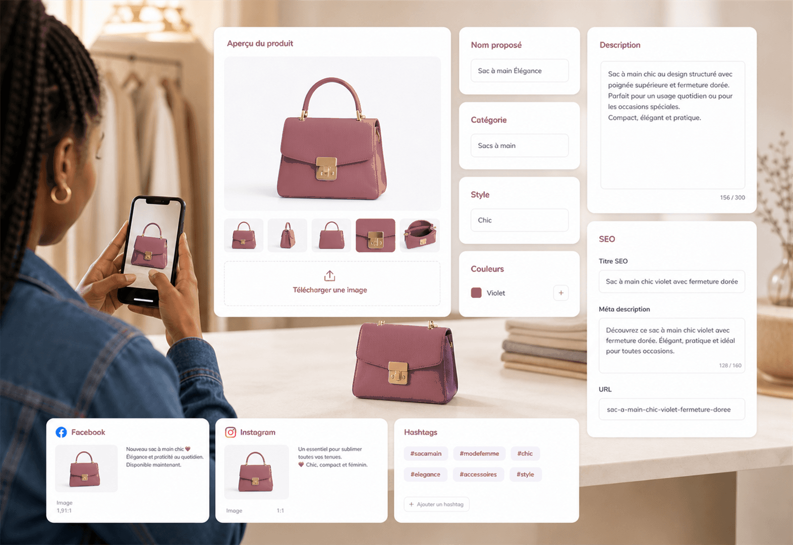 Assistant Yelemarket préparant une fiche produit à partir d'une photo.