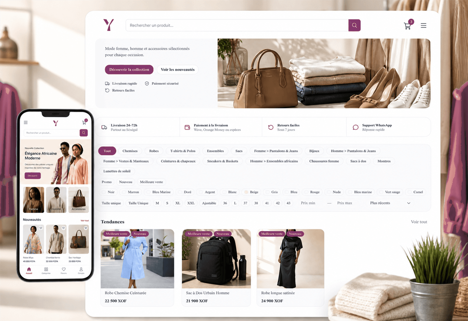 Boutique Yelemarket présentant une collection de mode sur desktop et mobile.